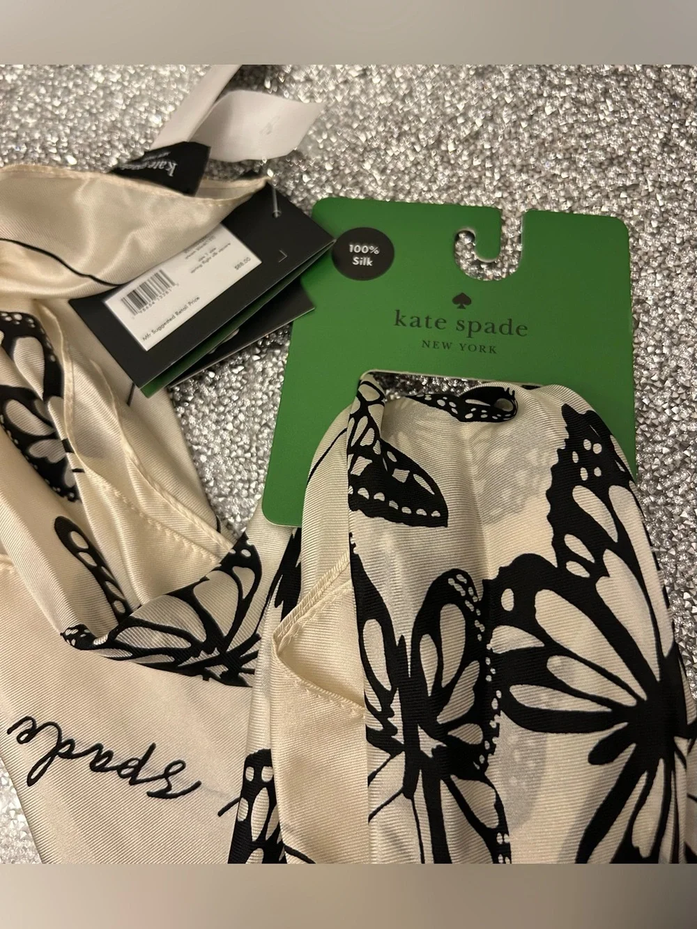 Kate Spade New York silk black and cream butterfly square scarf 100% silk